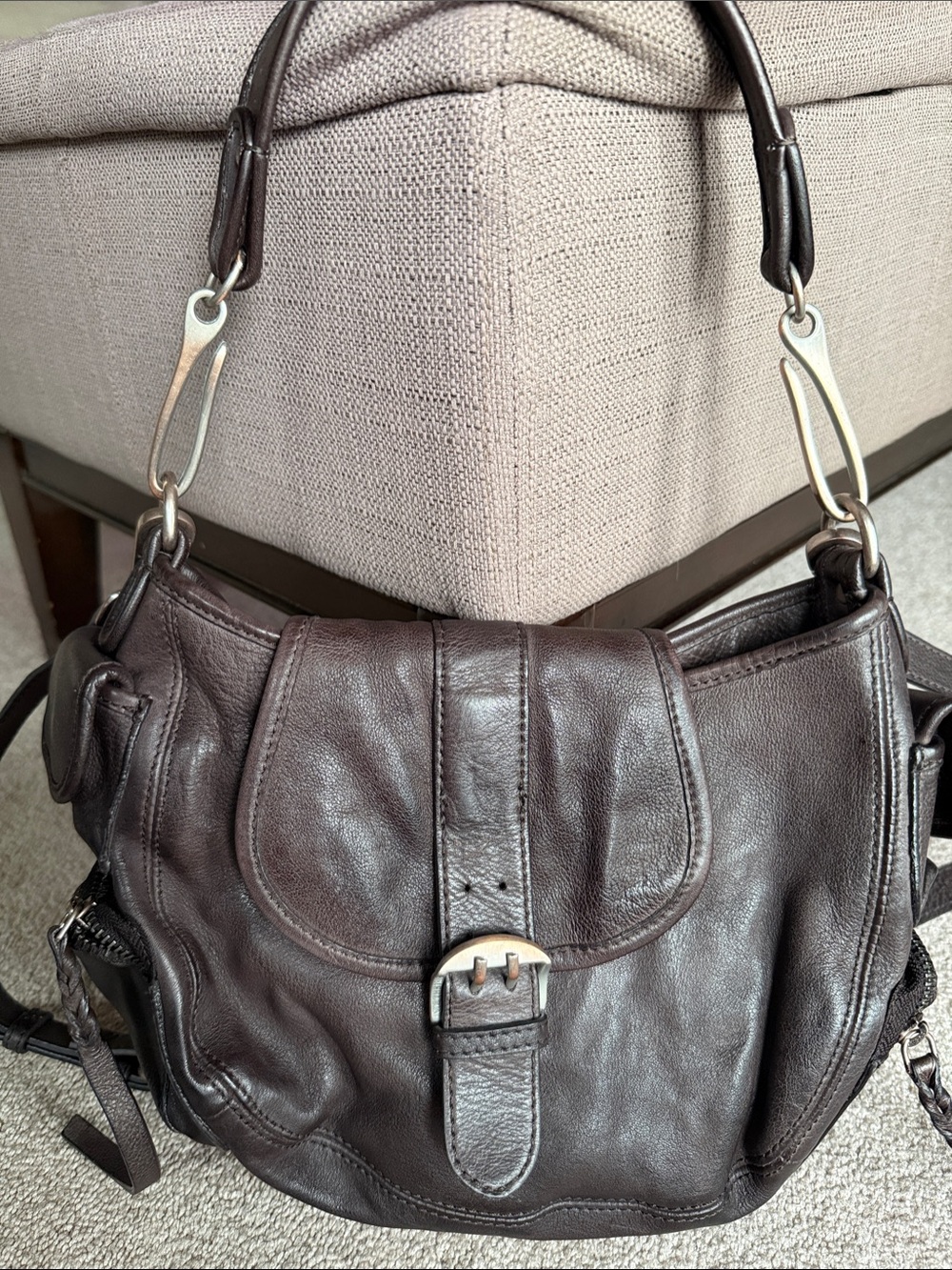 We The Free Dark Brown Leather Shoulder Bag with Buckle Accent